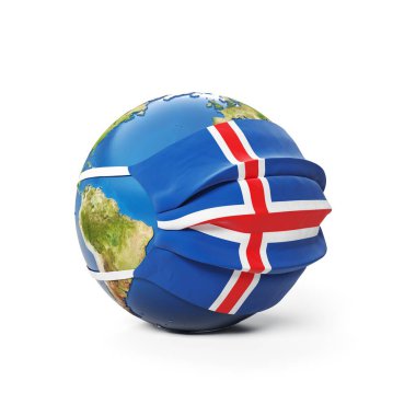 Ada bayrağıyla kaplı, beyaz arka planda izole edilmiş bir tıbbi maske içindeki Dünya Küresi. Küresel Çin koronavirüsü salgını. 3B Hazırlama, Resmetme.