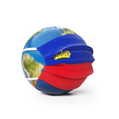 Lihtenştayn bayrağı taşıyan, beyaz arka planda izole edilmiş bir tıbbi maske takan Dünya Küresi. Küresel Çin koronavirüsü salgını. 3B Hazırlama, Resmetme.