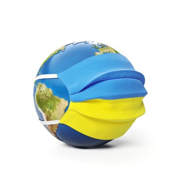 Ukrayna bayrağı taşıyan, beyaz arka planda izole edilmiş bir tıbbi maske takan Dünya Küresi. Küresel Çin koronavirüsü salgını. 3B Hazırlama, Resmetme.