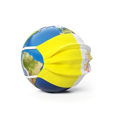 Dünya Küresi Vatikan bayrağı taşıyan bir tıbbi maske içinde, beyaz arka planda izole edilmiş. Küresel Çin koronavirüsü salgını. 3B Hazırlama, Resmetme.