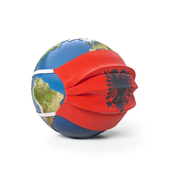 Earth Globe Medical Mask Flag Albanian Albania Isolated White Background — Stock Photo, Image