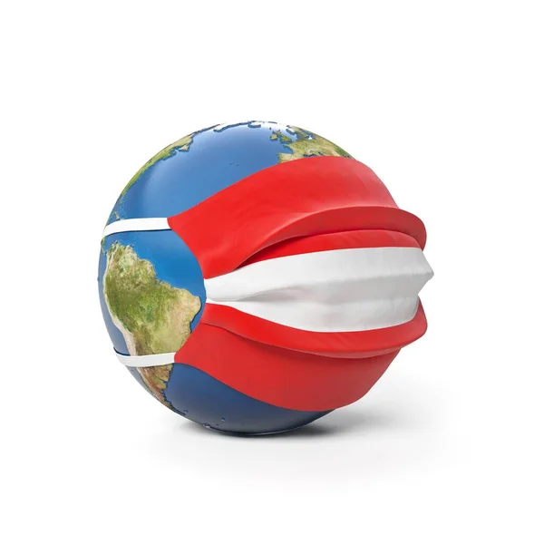 Earth Globe Een Medisch Masker Met Oostenrijkse Vlag Geïsoleerd Witte — Stockfoto