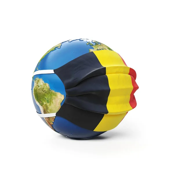 Earth Globe Medical Mask Flag Belgian Belgium Isolated White Background — Stock Photo, Image