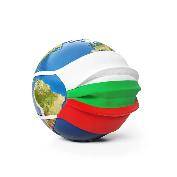 Earth Globe in a medical mask with flag of Bulgaria Bulgarian, isolated on white background. Global epidemic of Chinese coronavirus concept. 3D Rendering, Illustration.