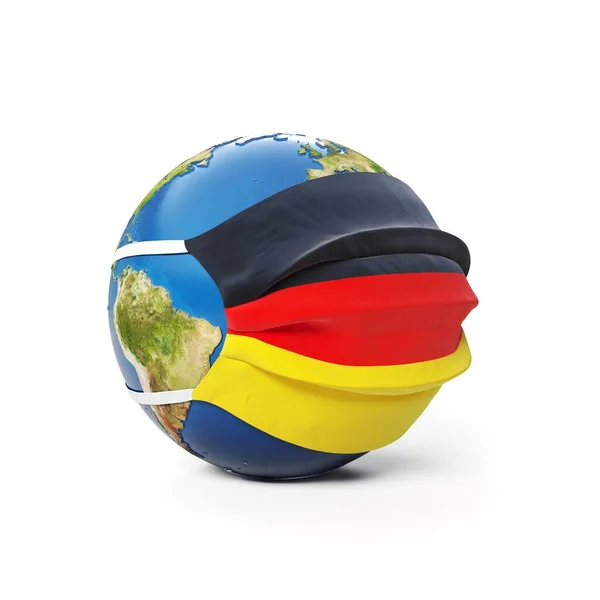 Earth Globe Einer Medizinischen Maske Mit Deutschlandfahne Isoliert Auf Weißem — Stockfoto