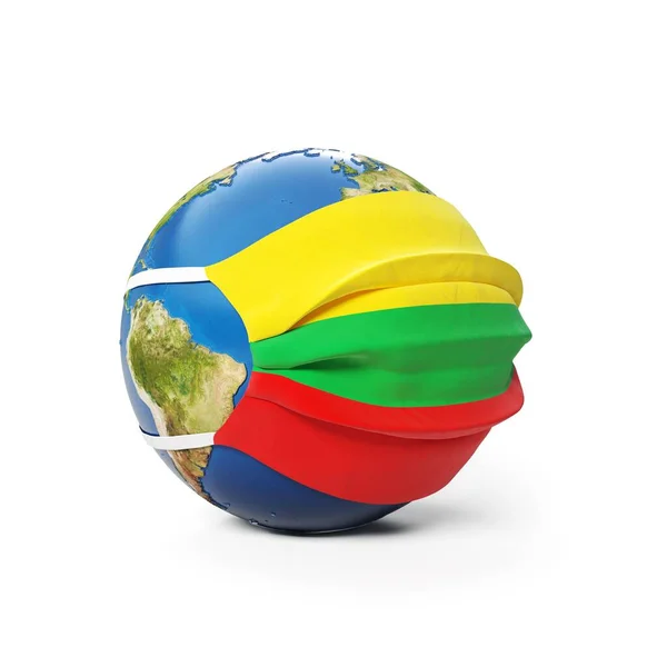 带着立陶宛国旗的医用面具 白色背景隔离的地球地球 全球流行的中国头孢病毒的概念 3D渲染 — 图库照片