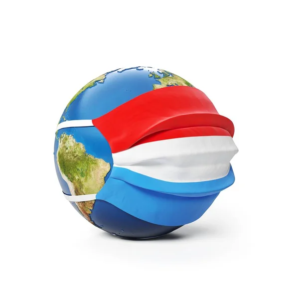 Earth Globe Einer Medizinischen Maske Mit Luxemburger Flagge Isoliert Auf — Stockfoto