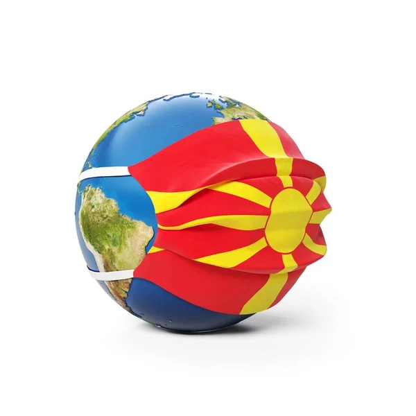 Earth Globe in a medical mask with flag of Macedonia Macedonian, isolated on white background. Global epidemic of Chinese coronavirus concept. 3D Rendering, Illustration.