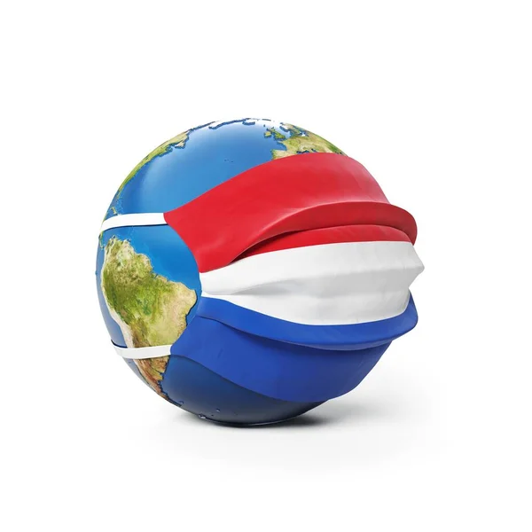 Globo Terrestre Máscara Médica Com Bandeira Holanda Holanda Holandesa Isolado — Fotografia de Stock