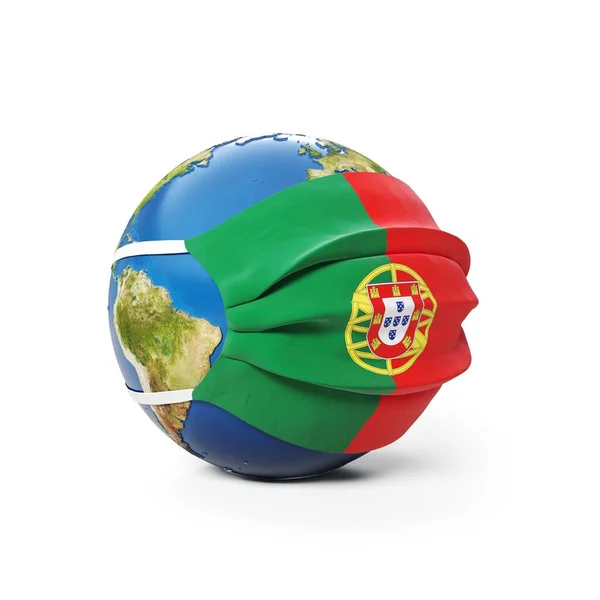 Earth Globe in a medical mask with flag of Portugal Portuguese, isolated on white background. Global epidemic of Chinese coronavirus concept. 3D Rendering, Illustration.