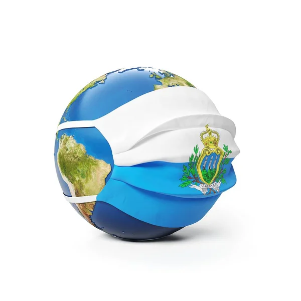 Globe Terre Dans Masque Médical Avec Drapeau Saint Marin Isolé — Photo