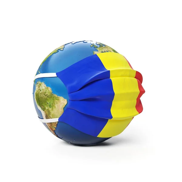 头戴医疗面罩 戴着罗马尼亚国旗的地球环球乍得 与白色背景隔离 全球流行的中国头孢病毒的概念 3D渲染 — 图库照片