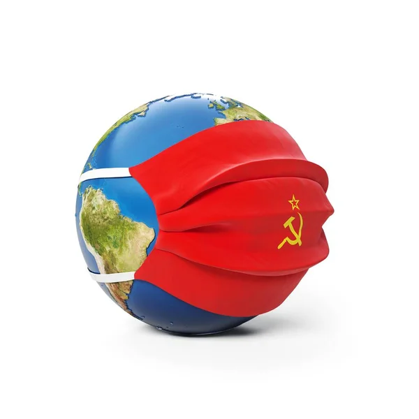 Earth Globe Een Medisch Masker Met Vlag Van Sovjet Unie — Stockfoto