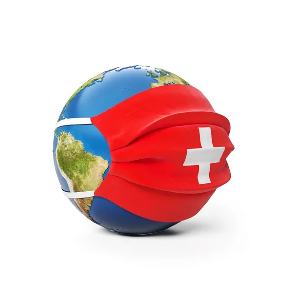 Globo Terrestre Máscara Médica Com Bandeira Suíça Isolado Sobre Fundo — Fotografia de Stock