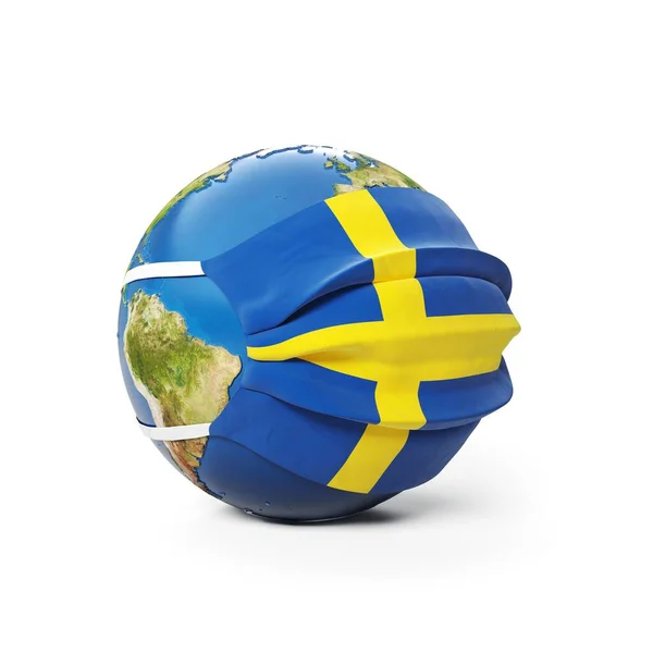Earth Globe Een Medisch Masker Met Vlag Van Zweden Zweeds — Stockfoto
