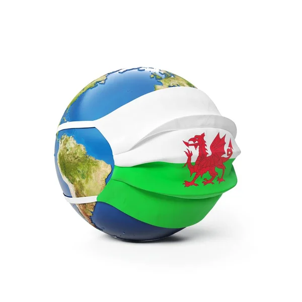 Earth Globe Medicinsk Mask Med Wales Flagga Isolerad Vit Bakgrund — Stockfoto