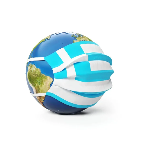 白い背景に隔離されたギリシャギリシャのギリシャの旗を持つ医療用マスクの地球の球 中国のコロナウイルスの概念の世界的な流行 3Dレンダリング イラスト ロイヤリティフリーのストック写真