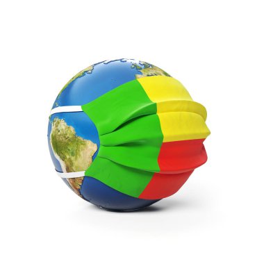 Benin Beninese bayrağının beyaz arka planda izole edildiği bir tıbbi maske içinde Dünya Küresi. Küresel Çin koronavirüsü salgını. 3B Hazırlama, Resmetme.