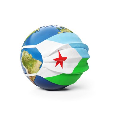 Cibuti Cibuti bayrağının beyaz arka planda izole edildiği bir tıbbi maske içinde Dünya Küresi. Küresel Çin koronavirüsü salgını. 3B Hazırlama, Resmetme.