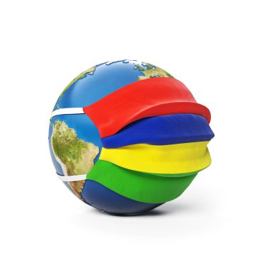Mauritius Mauritians 'in bayrağı beyaz arka planda izole edilmiş tıbbi bir maskeyle Dünya Küresi. Küresel Çin koronavirüsü salgını. 3B Hazırlama, Resmetme.