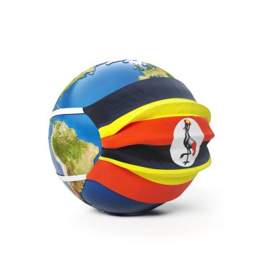 Uganda Ugandalı bayrağı beyaz arka planda izole edilmiş bir tıbbi maske içindeki Dünya Küresi. Küresel Çin koronavirüsü salgını. 3B Hazırlama, Resmetme.