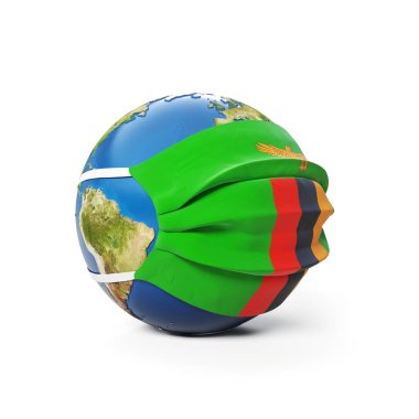 Zambia Zambiya bayrağının beyaz arka planda izole edildiği tıbbi bir maskeyle Dünya Küresi. Küresel Çin koronavirüsü salgını. 3B Hazırlama, Resmetme.