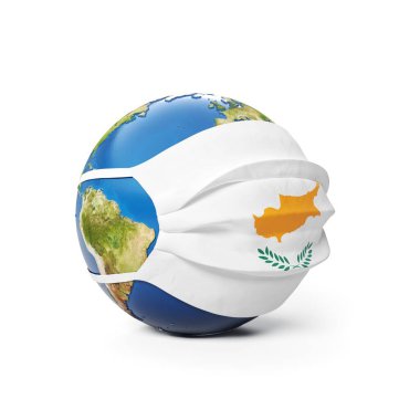 Kıbrıs Rum Kesimi 'nin bayrağı beyaz arka planda izole edilmiş tıbbi maskeli Dünya Küresi. Küresel Çin koronavirüsü salgını. 3B Hazırlama, Resmetme.