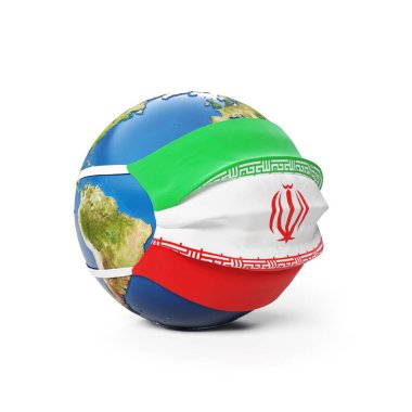 İran bayrağının beyaz arka planda izole edildiği bir sağlık maskesiyle Dünya Küresi. Küresel Çin koronavirüsü salgını. 3B Hazırlama, Resmetme.