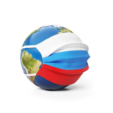 Rus bayrağının beyaz arka planda izole edildiği tıbbi bir maskeyle Dünya Küresi. Küresel Çin koronavirüsü salgını. 3B Hazırlama, Resmetme.