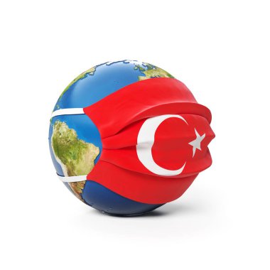 Dünya Küresi, beyaz zemin üzerinde Türk bayrağı bulunan bir tıbbi maske takıyor. Küresel Çin koronavirüsü salgını. 3B Hazırlama, Resmetme.