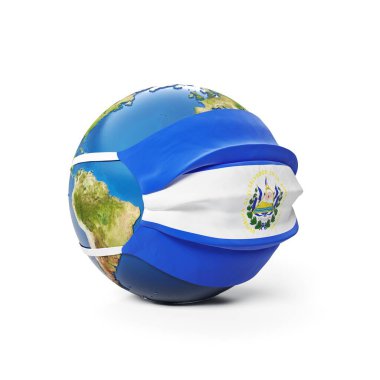 Salvador Salvador bayrağının beyaz arka planda izole edildiği bir tıbbi maske içinde Dünya Küresi. Küresel Çin koronavirüsü salgını. 3B Hazırlama, Resmetme.