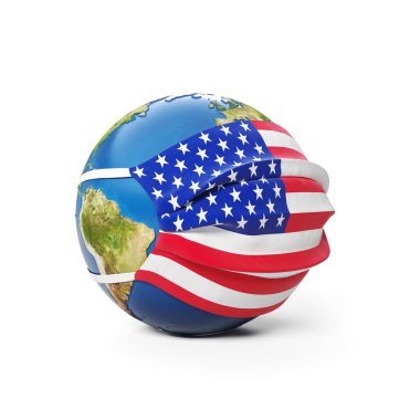 Amerika Birleşik Devletleri bayrağının beyaz arka planda izole edildiği bir tıbbi maske içinde Dünya Küresi. Küresel Çin koronavirüsü salgını. 3B Hazırlama, Resmetme.