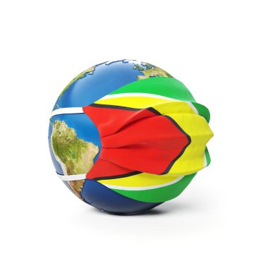 Guyana Guyanese 'in bayrağı beyaz arka planda izole edilmiş tıbbi bir maskeyle Dünya Küresi. Küresel Çin koronavirüsü salgını. 3B Hazırlama, Resmetme.
