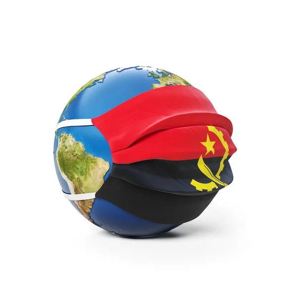 Earth Globe Medical Mask Flag Angola Angolan Isolated White Background — Stock Photo, Image