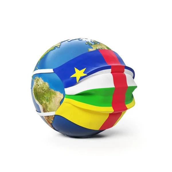 Země Globe Lékařské Masce Vlajkou Středoafrické Republiky Izolované Bílém Pozadí — Stock fotografie