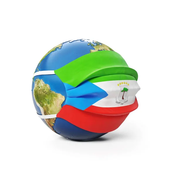 戴着医疗面罩的地球地球 上面挂着赤道几内亚国旗 背景为白色 全球流行的中国头孢病毒的概念 3D渲染 — 图库照片
