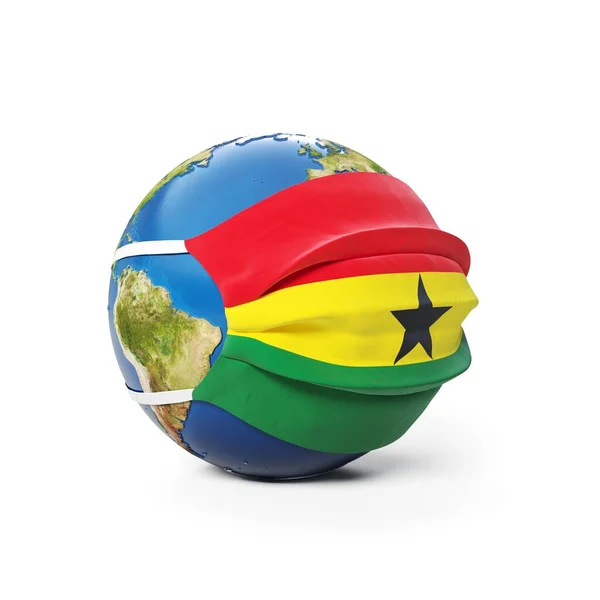 头戴医疗面罩 戴着加纳国旗 背景为白色 全球流行的中国头孢病毒的概念 3D渲染 — 图库照片