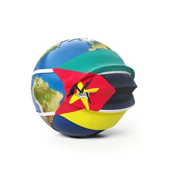 戴着医疗面罩的地球全球组织 以白色背景隔离莫桑比克国旗 全球流行的中国头孢病毒的概念 3D渲染 — 图库照片