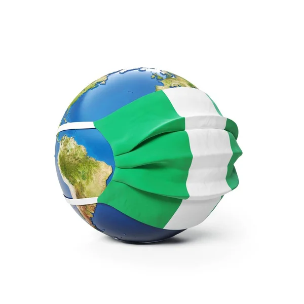 Earth Globe in a medical mask with flag of Nigeria Nigerian isolated on white background. Global epidemic of Chinese coronavirus concept. 3D Rendering, Illustration.