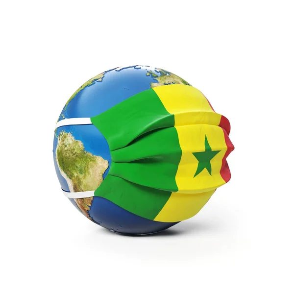 Earth Globe Medical Mask Flag Senegal Senegalese Isolated White Background — Stock Photo, Image