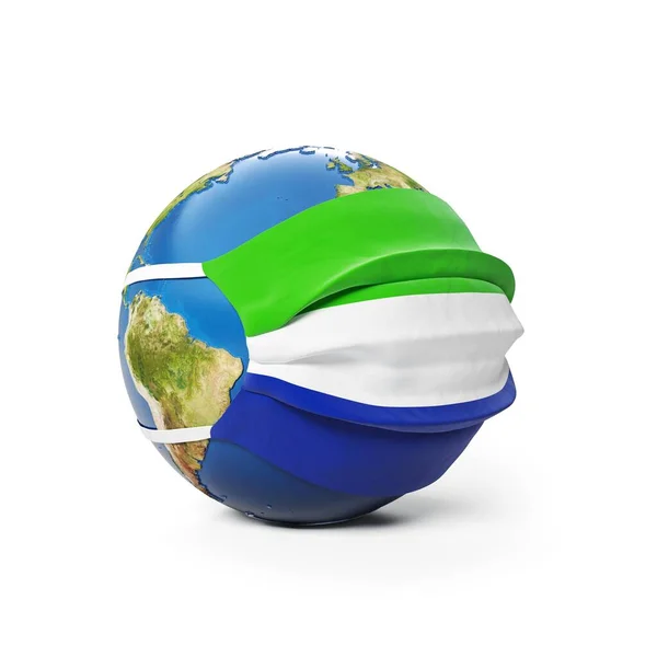 戴着医疗面罩的地球地球 上面挂着塞拉利昂国旗 背景是白色的 全球流行的中国头孢病毒的概念 3D渲染 — 图库照片