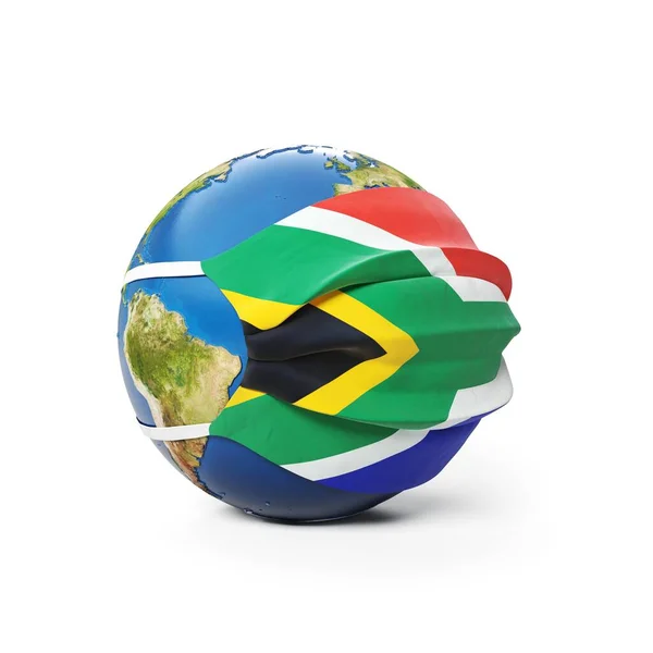 Earth Globe Een Medisch Masker Met Vlag Van Zuid Afrika — Stockfoto