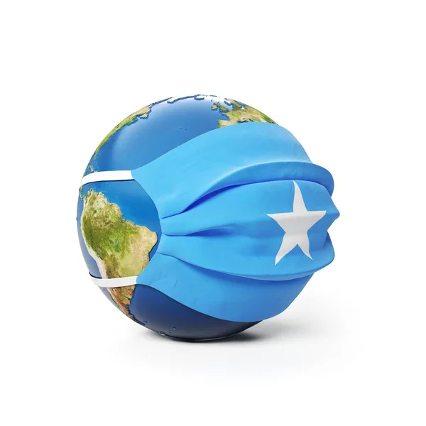 Země Globe Lékařské Masce Vlajkou Somálska Somálska Izolované Bílém Pozadí — Stock fotografie