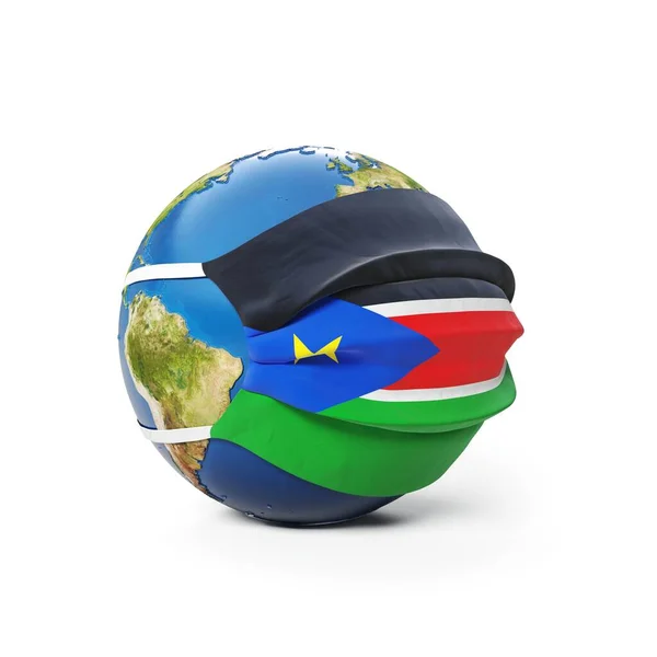 Earth Globe Medical Mask Flag South Sudan Isolated White Background — Stock Photo, Image