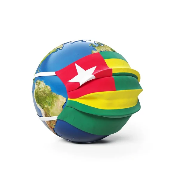 Země Globe Lékařské Masce Vlajkou Togo Togolese Izolované Bílém Pozadí — Stock fotografie