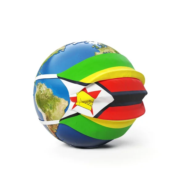 戴着医疗面罩 戴着津巴布韦国旗的地球全球组织在白色背景下被隔离 全球流行的中国头孢病毒的概念 3D渲染 — 图库照片