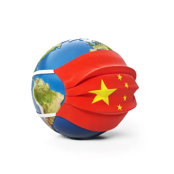 Earth Globe Medical Mask Flag China Chinese Isolated White Background — Stock Photo, Image