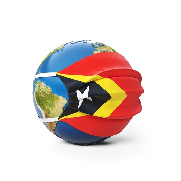 戴着医疗面罩的地球全球组织 其旗帜为东帝汶人 背景为白色 全球流行的中国头孢病毒的概念 3D渲染 — 图库照片