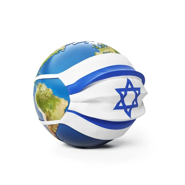 Globo Terra Uma Máscara Médica Com Bandeira Israel Israelense Isolado — Fotografia de Stock