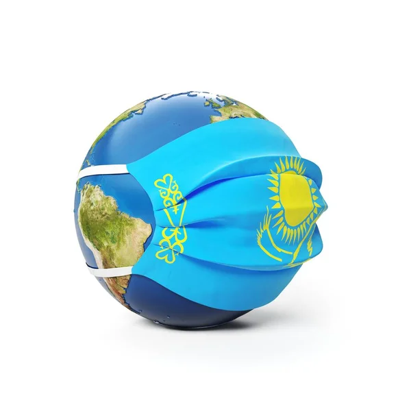 Globe Terre Dans Masque Médical Avec Drapeau Kazakhstan Isolé Sur — Photo